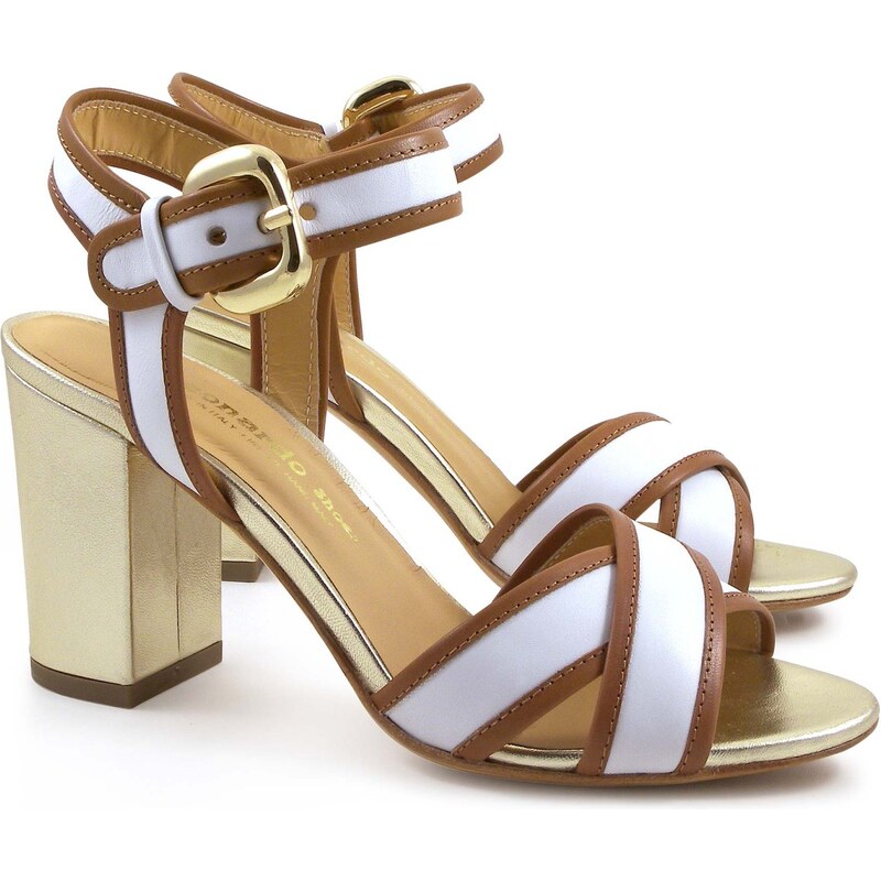 Leonardo Shoes Sandales à talons italien en cuir blanc/bronze et or