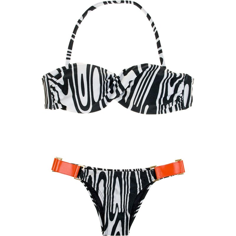 Cyann Bikini Bandeau Zébré Noir Et Blanc, Empiècements Orange - Monica