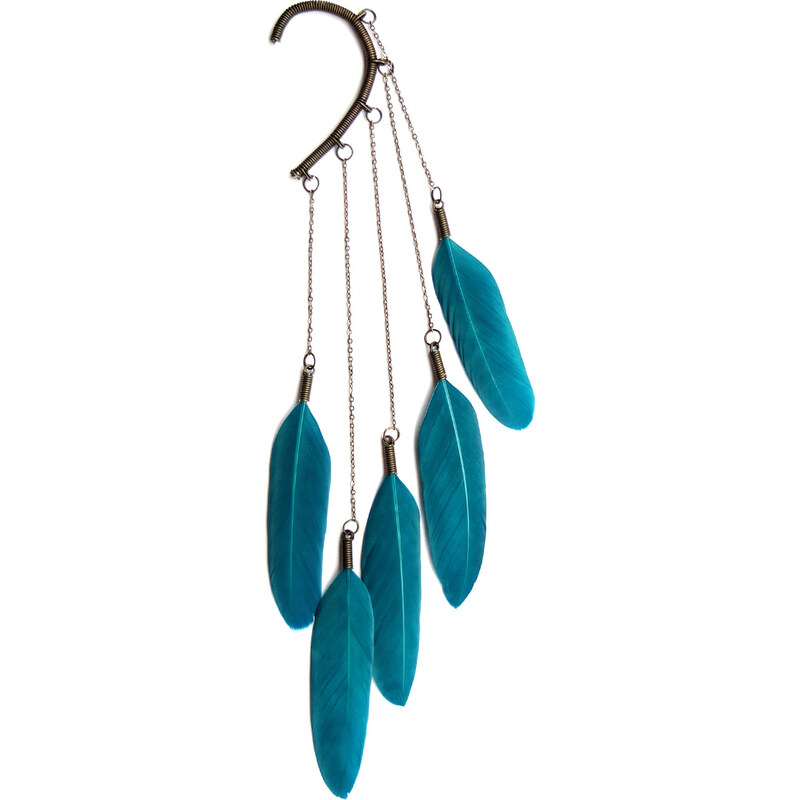 Anni Jurgenson Ear Cuff Avec Plumes Bleues, Style Amérindien - Teal Dangle Feather Ear Cuff