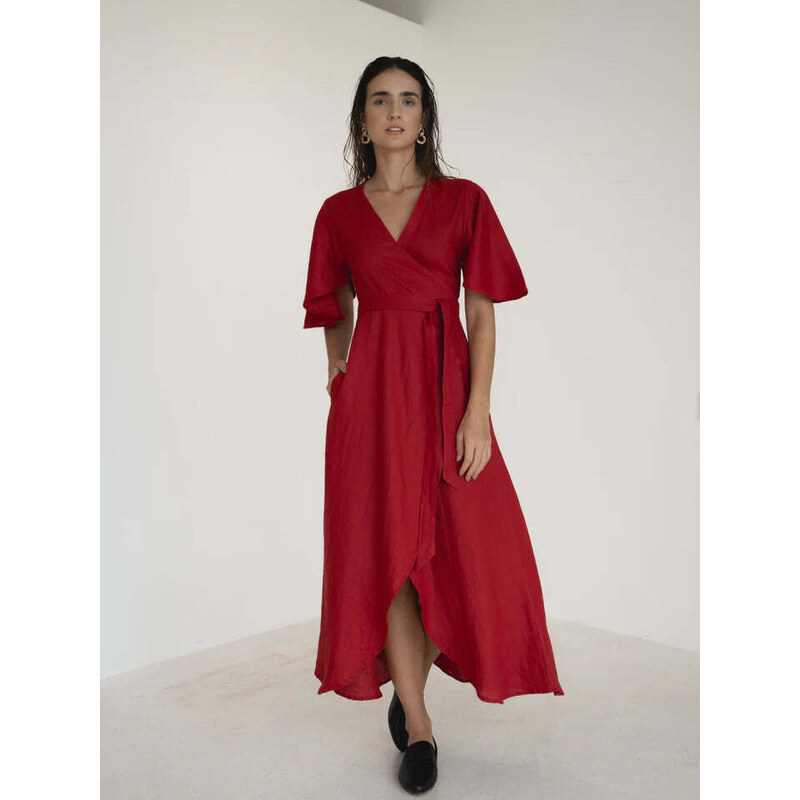 Luciee Dhalia Linen Dress In Maroon Red
