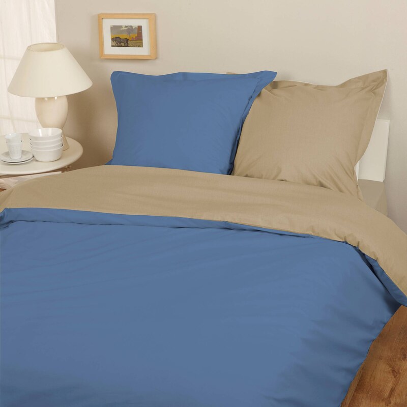 Home Linen Parure housse de couette FLANELLE 100% coton - Bicolore Bleu / Taupe 200x200 cm + 2 taies d'oreiller 65x65 cm