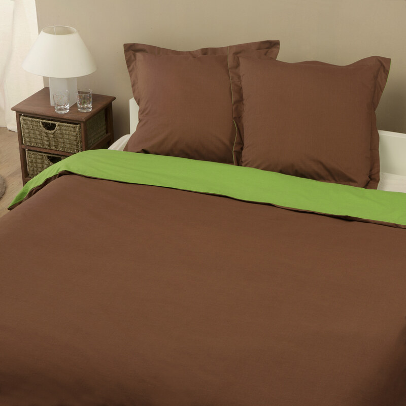 Home Linen Parure housse de couette en 100% coton - Bicolore Chocolat / Vert 140x200 cm + 1 taie d'oreiller 65x65 cm