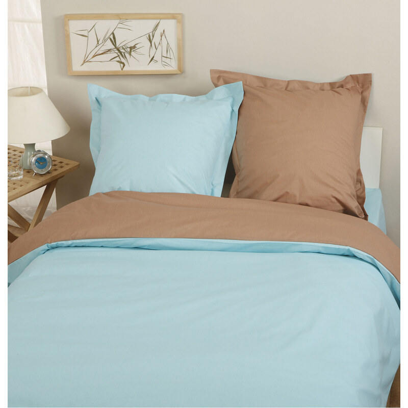 Home Linen Parure housse de couette en flanelle 100% coton - Bicolore Turquoise / Chocolat 240x220 cm + 2 taies d'oreiller 65x65 cm