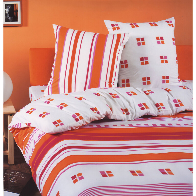 Home Linen Parure housse de couette en 100% coton - Maxence orange 200x200 cm + 2 taies d'oreiller 65x65 cm