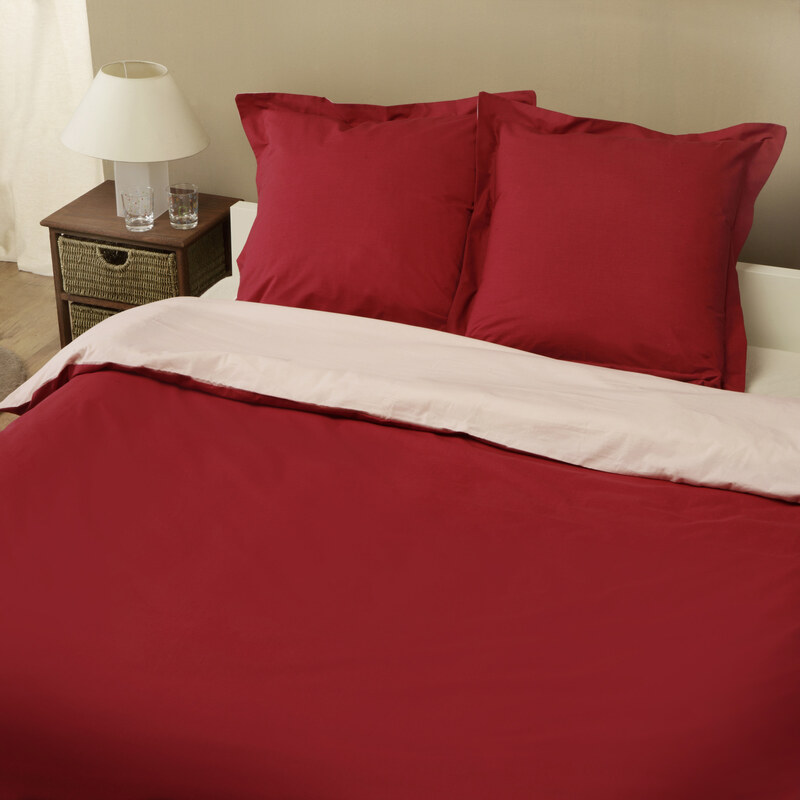 Home Linen Parure housse de couette en 100% coton - Bicolore Rouge / Rose 240x220 cm + 2 taies d'oreiller 65x65 cm