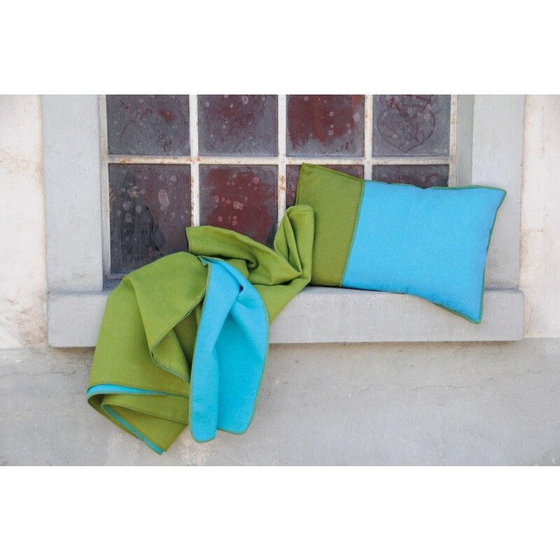 David Fussenegger Plaid 140 x 200 cm double face vert / turquoise + 1 sac coordonné inclus