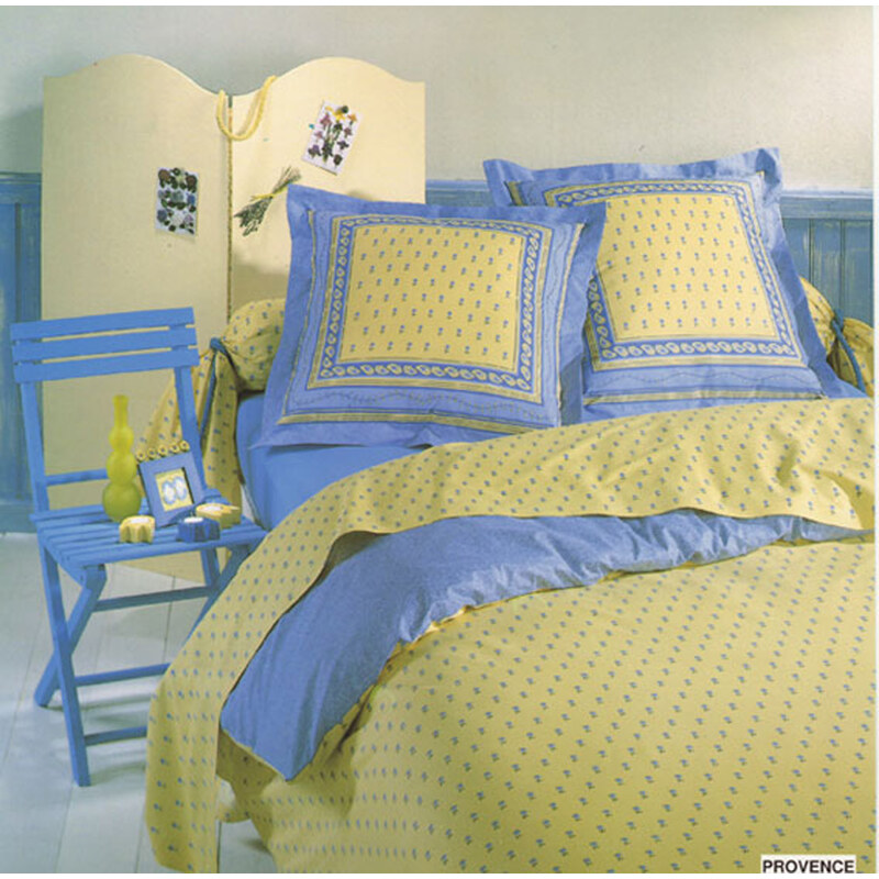 Home Linen Parure housse de couette en 100% coton - Provence bleu / jaune 140x200 cm + 1 taie d'oreiller 65x65 cm