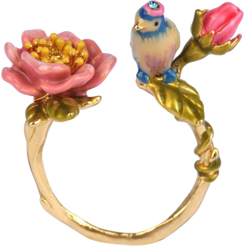 Les Néréides Jardin d'amour - Bague mésange avec fleur et bouton de rose - en laiton recouvert d'or fin