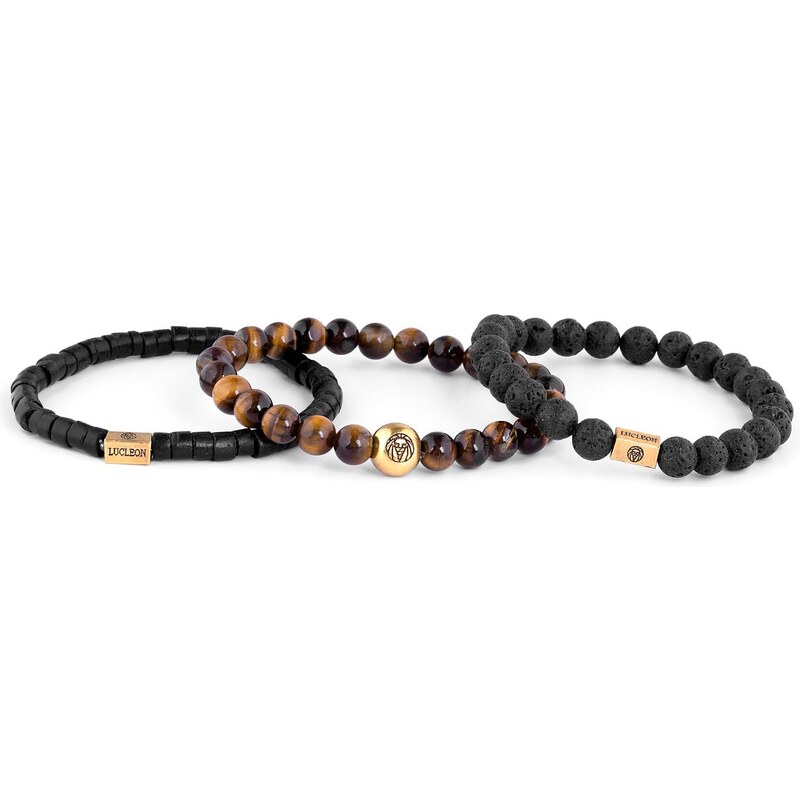 Lucleon Set de bracelets Miro en oeils de tigre, pierres de lave & noix de coco