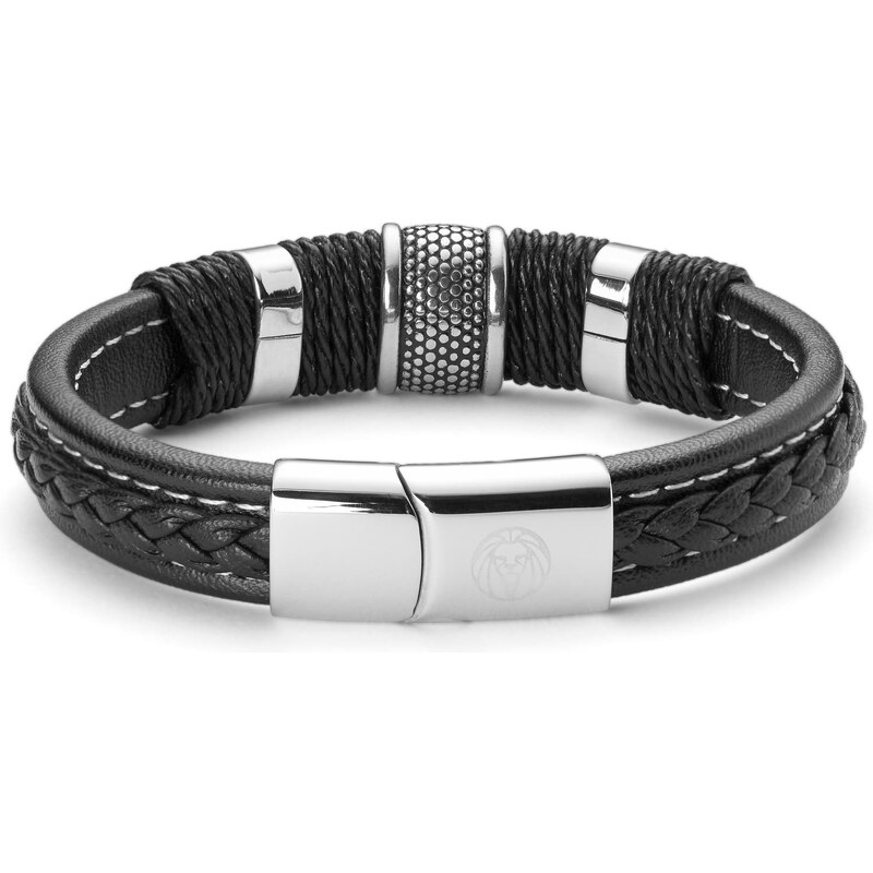 Lucleon Bracelet Icon en cuir noir et acier argenté