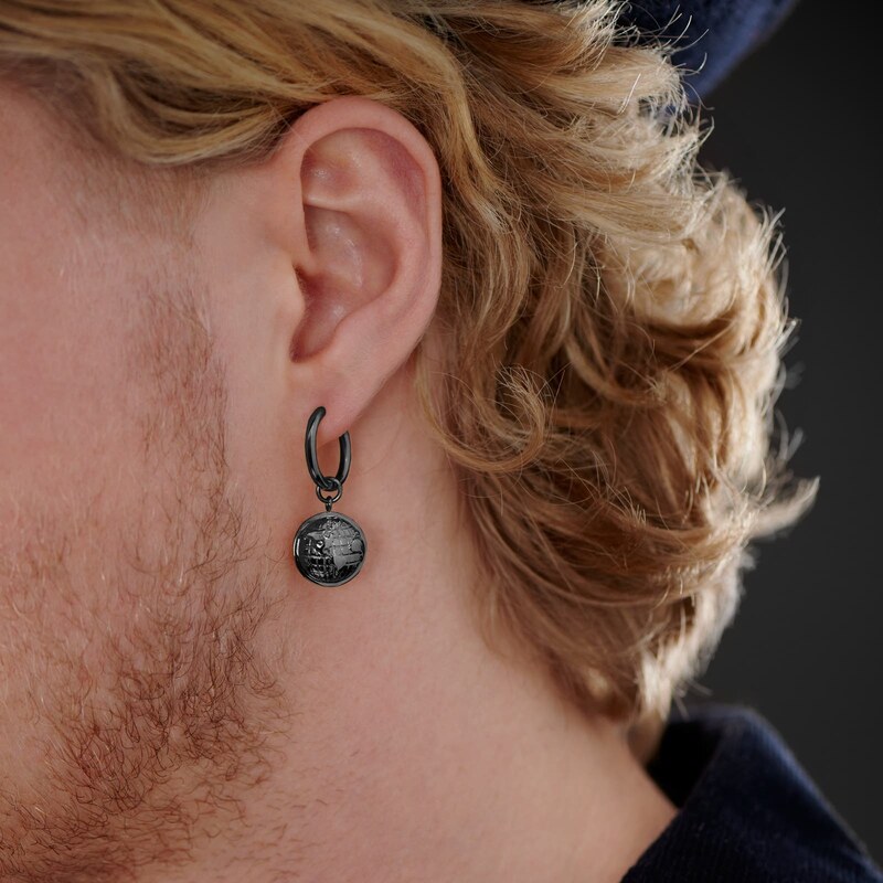 Lucleon Boucle d'oreille en acier noir avec pendentif globe terrestre