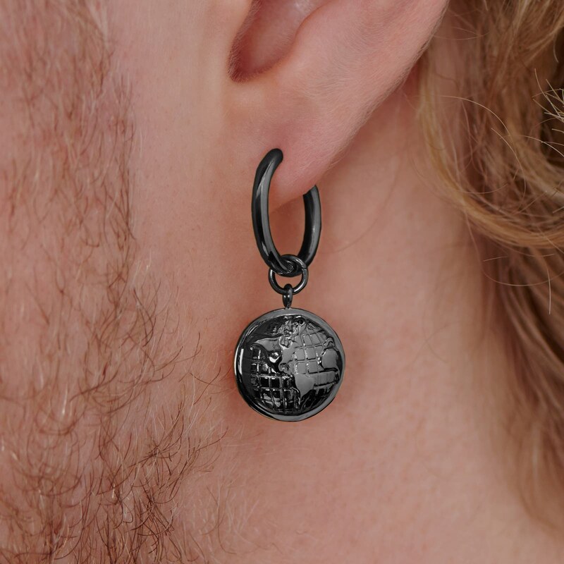 Lucleon Boucle d'oreille en acier noir avec pendentif globe terrestre