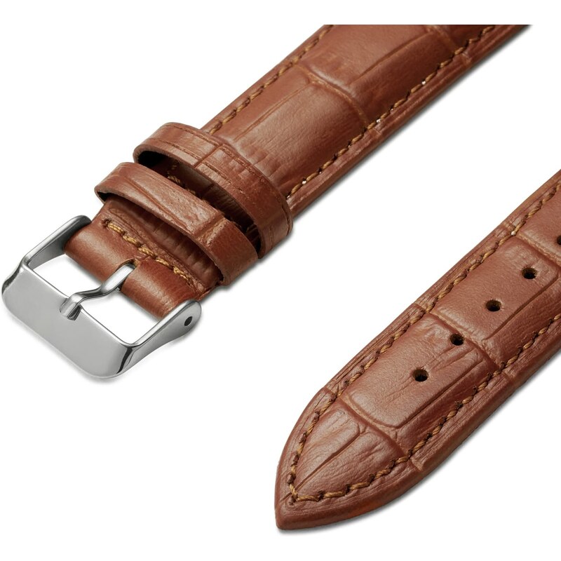 Trendhim Bracelet de montre en cuir marron clair 21 mm gaufré à motif crocodile avec boucle argentée - Attache rapide