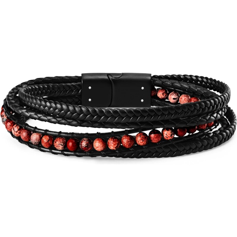 Lucleon Bracelet Naxos en cuir noir et perles de jaspe impérial rouge