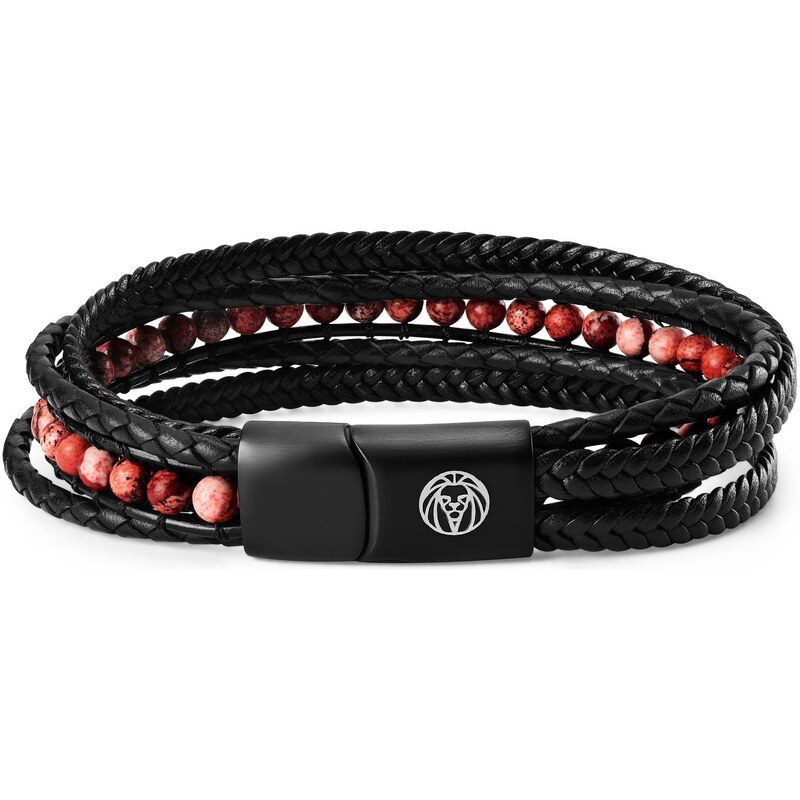Lucleon Bracelet Naxos en cuir noir et perles de jaspe impérial rouge