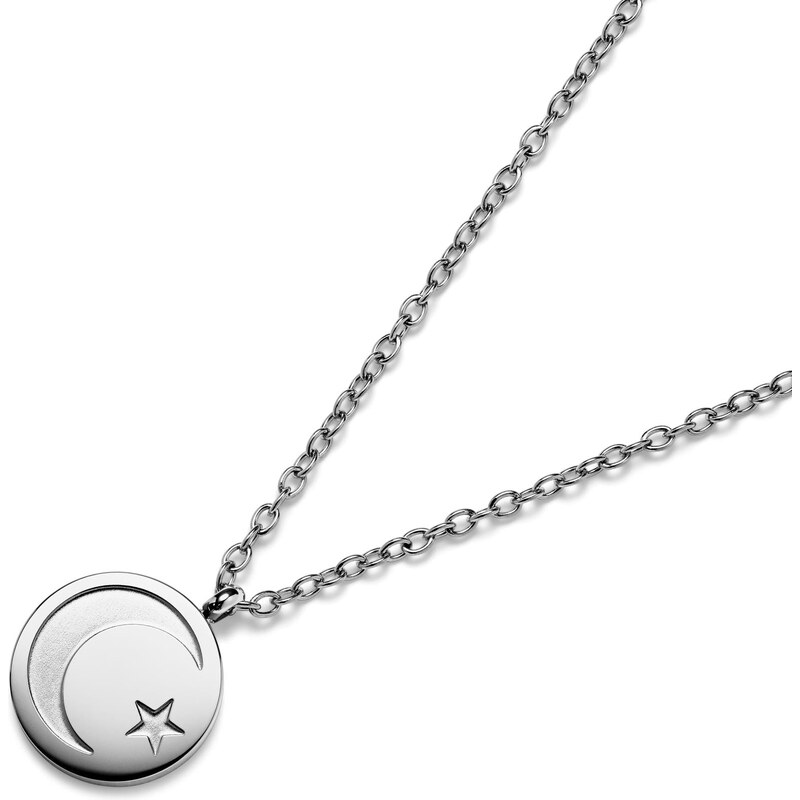 Arkai Unity | Collier en acier inoxydable argenté avec médaillon rond L'étoile et le croissant