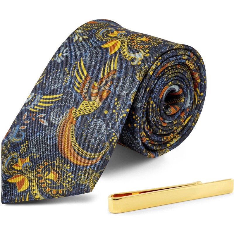 Trendhim Set de cravate en soie de style bohème et pince à cravate argentée