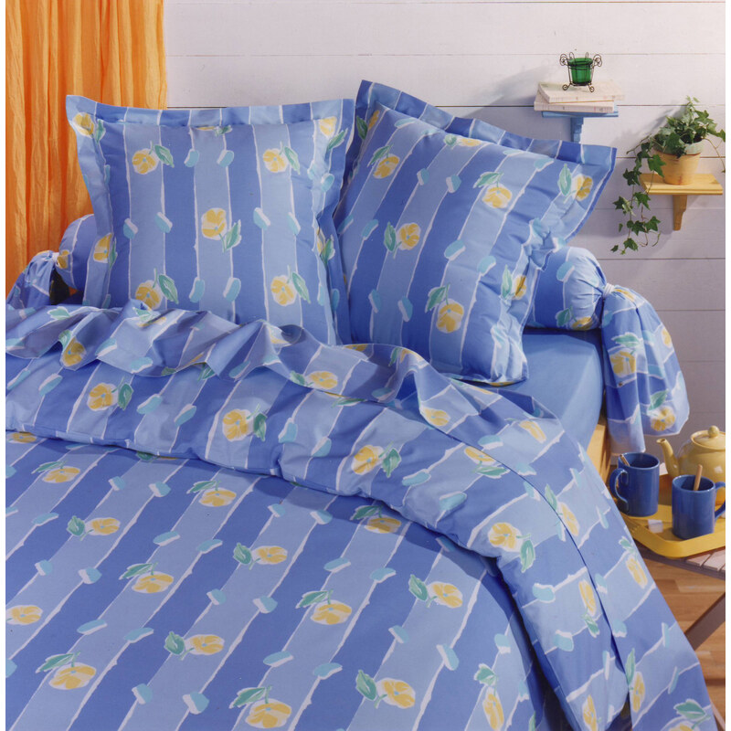 Home Linen Parure drap plat en 100% coton - Carla bleu 180x290 cm + 1 taie d'oreiller 65x65 cm