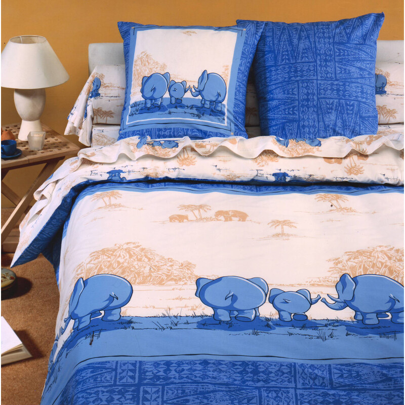 Home Linen Parure drap plat en 100% coton - Eléphants 240x300 cm + 2 taies d'oreiller 65x65 cm