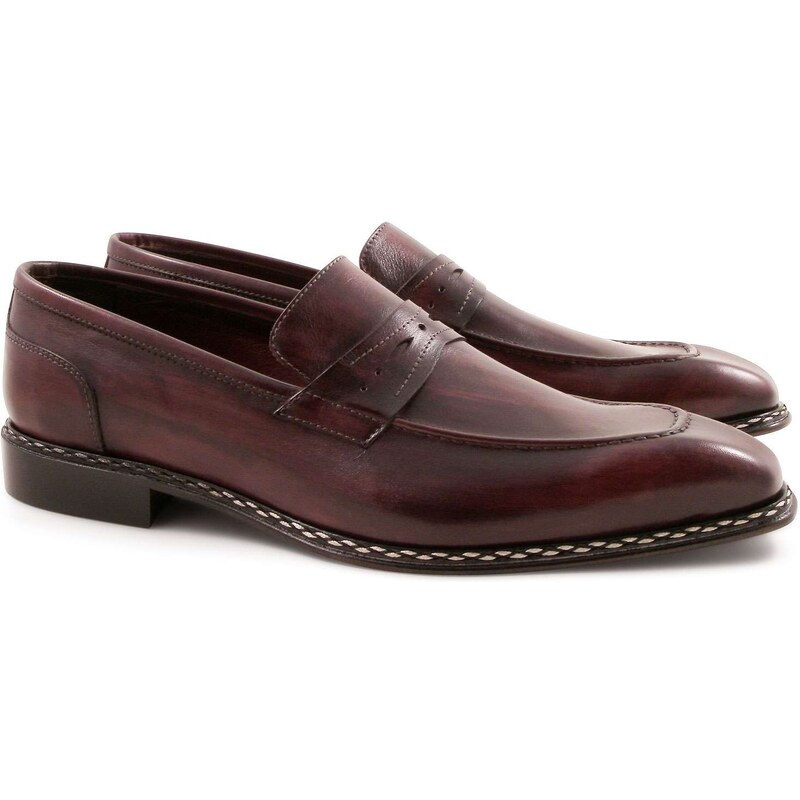 Leonardo Shoes Mocassins pour hommes artisanales en cuir bordeaux de lux