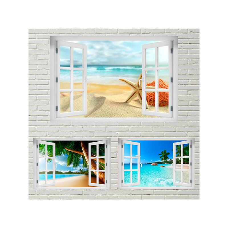 Lesara Sticker mural 3D Fenêtre sur plage