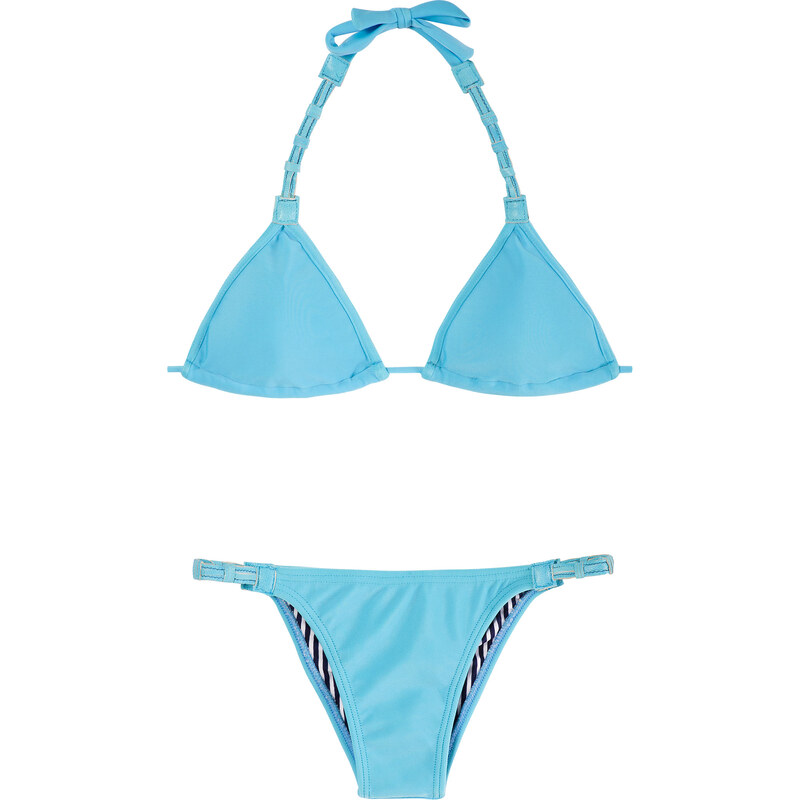 Amir Slama Maillots de bain femme Bikini Triangle Bleu Avec Cuir Coloré, Bas Fixe - Emilia