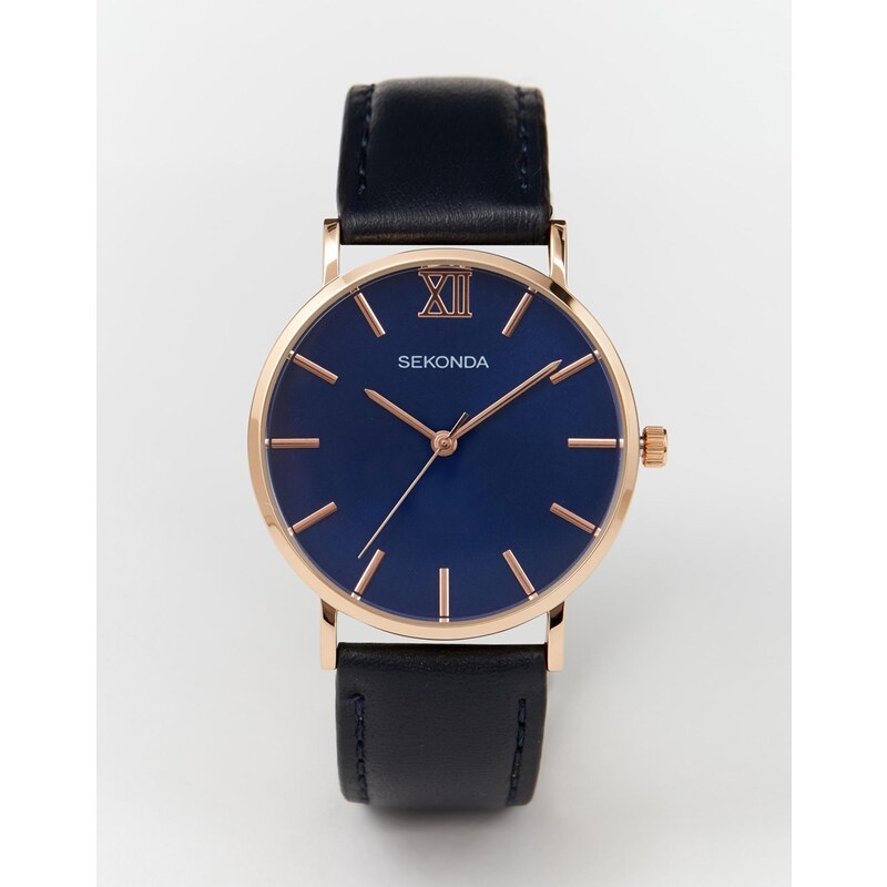 Sekonda - Exclusivité ASOS - Montre à bracelet en cuir bleu marine avec détails en or rose - Bleu marine