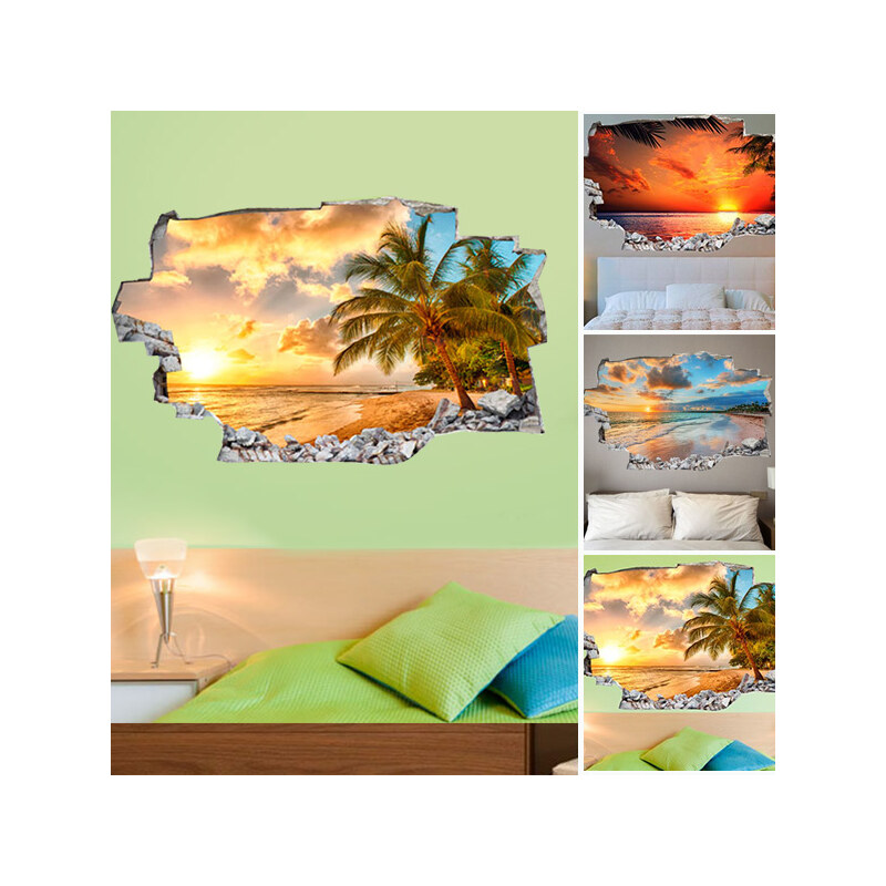 Lesara Sticker mural 3D Coucher de soleil & plage