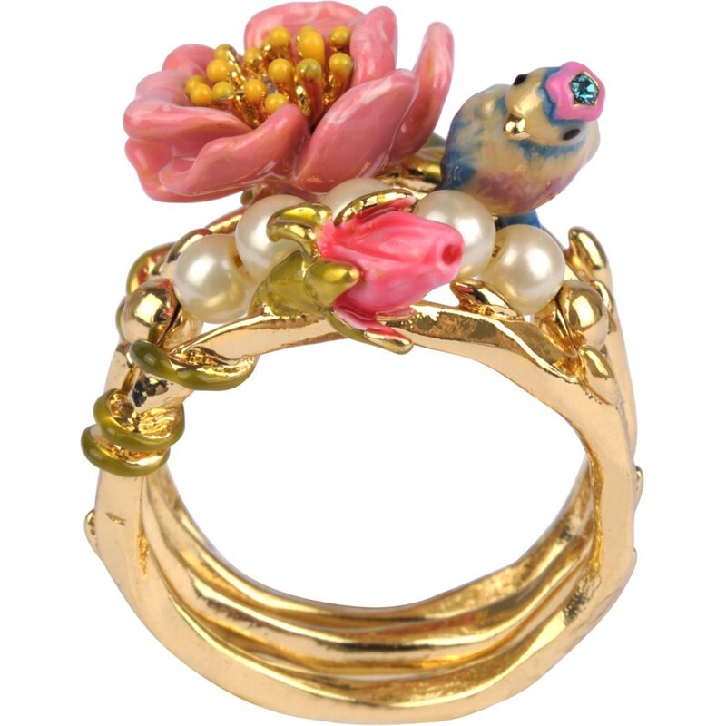 Les Néréides Jardin d'amour - Set de quatre bagues : fleur, mésange, bouton de rose et perles - en laiton recouvert d'or fin