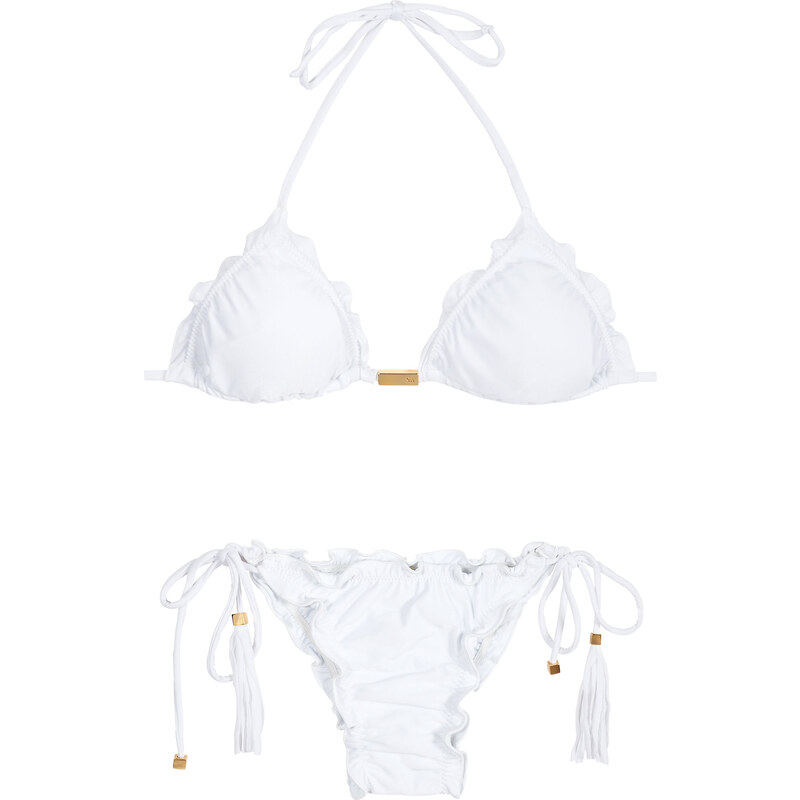 Maryssil Maillots de bain femme Bikini Triangle Blanc, Bords Ondulés Et Pompons - Branco Frufru