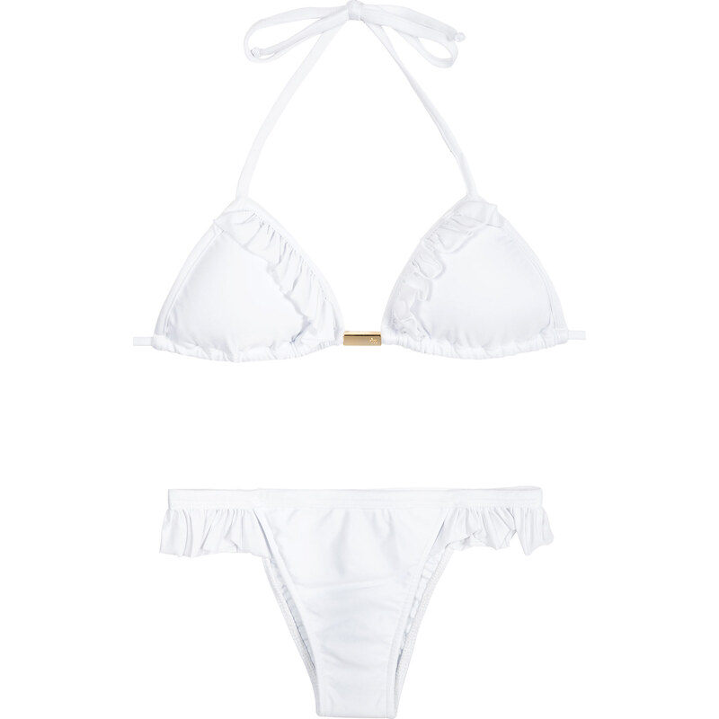 Maryssil Maillots de bain femme Bikini Triangle Blanc Et Bas Brésilien à Froufrous - Girly White