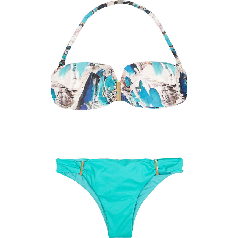 Maryssil Bikini Bandeau Imprimé Mer, Bas Fixe Uni Bleu Ciel - Capadocia Blue