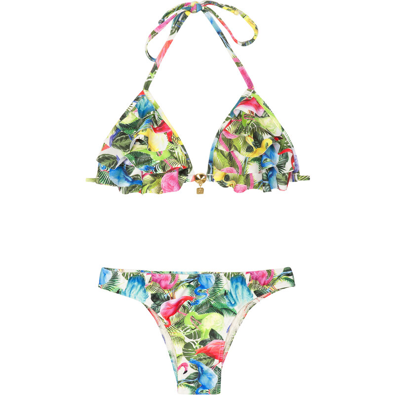 Maryssil Maillots de bain femme Bikini Triangle à Volants, Motifs Flamants Roses - Flamingos Multi