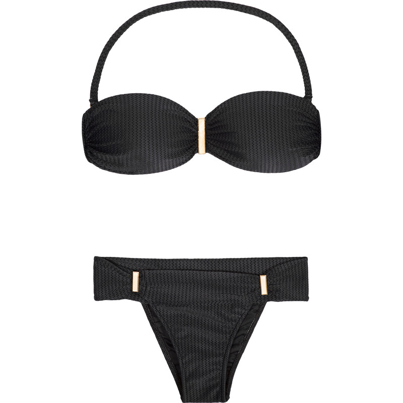 Maryssil Bikini Bandeau Noir Texturé, Bas Fixe Accessoirisé - Perolado Preto