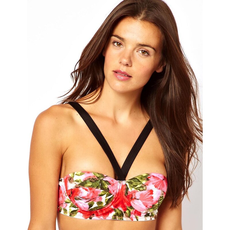 ASOS - Top de bikini style bustier rembourré à imprimé roses - Multi
