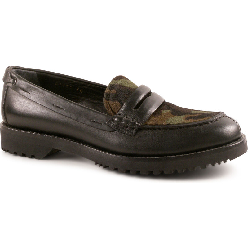 Mocassins Car Shoe femme en cuir noir et camouflage