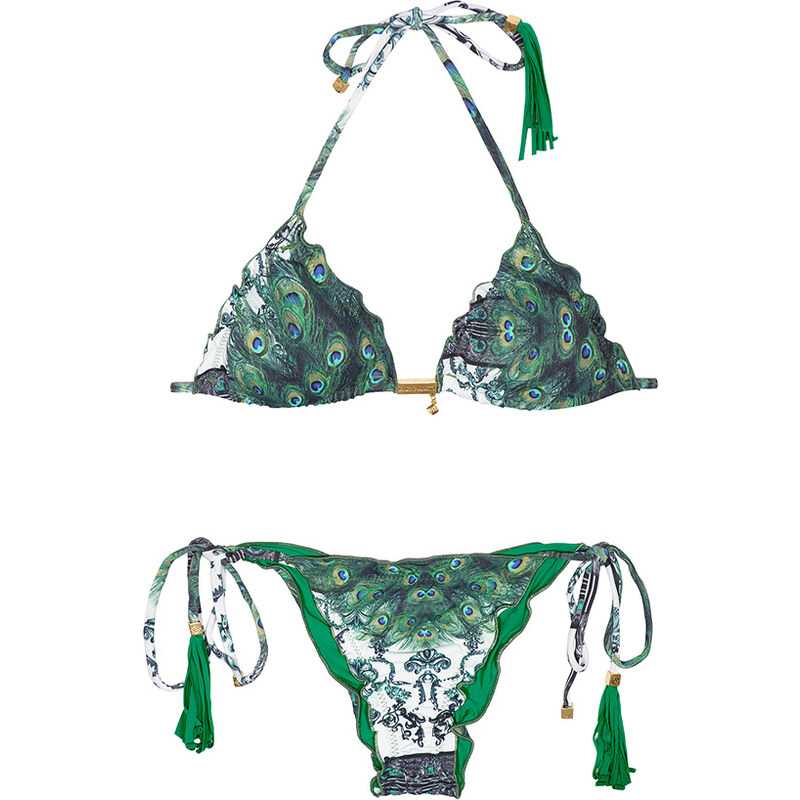 Larissa Minatto Maillots de bain femme Bikini Triangle Imprimé Paon, Bas à Pompons Verts - Sophia