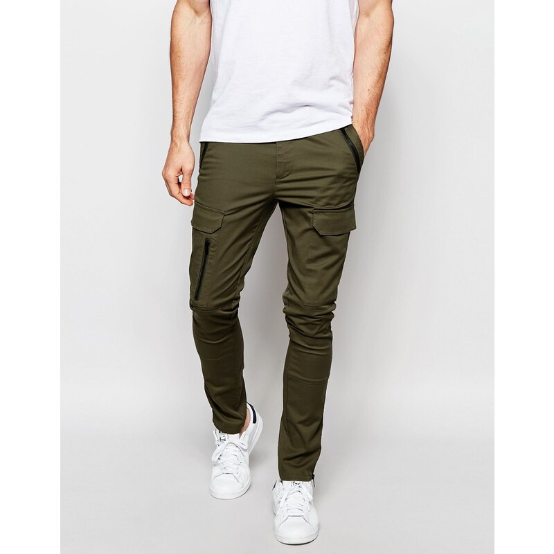 ASOS - Pantalon ultra skinny avec poches cargo zippées - Kaki - Vert