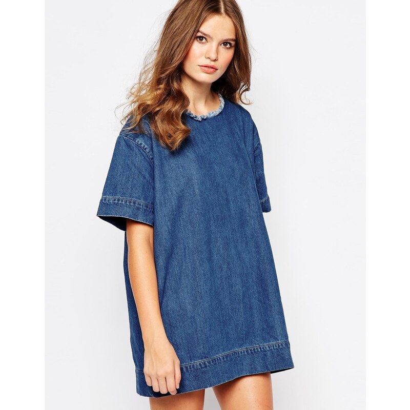 Waven - Marta - Robe t-shirt en jean à bords bruts - Bleu