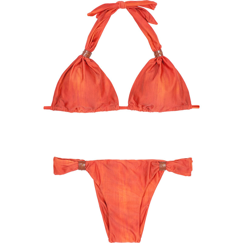 Lenny Niemeyer Bikini Triangle Orange Coulissant, Détails En Cuir - Stitches Adjustable Halter Patina