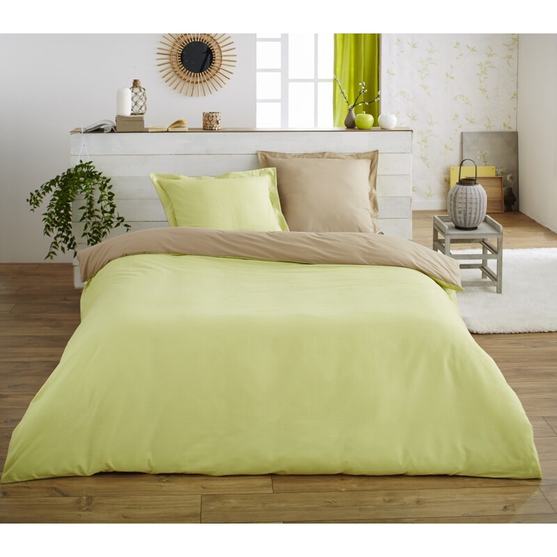 Home Linen Parure housse de couette 100% coton - Bicolore Taupe / Lime 240x220 cm + 2 taies d'oreiller 65x65 cm