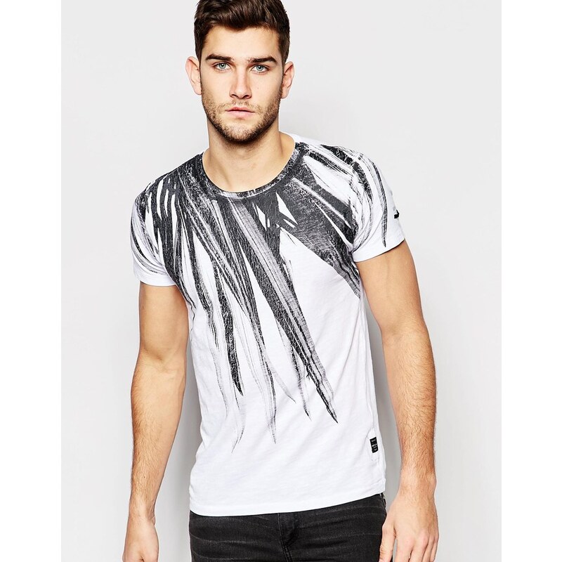 Replay - T-shirt col rond avec imprimé grandes plumes - Blanc - Blanc