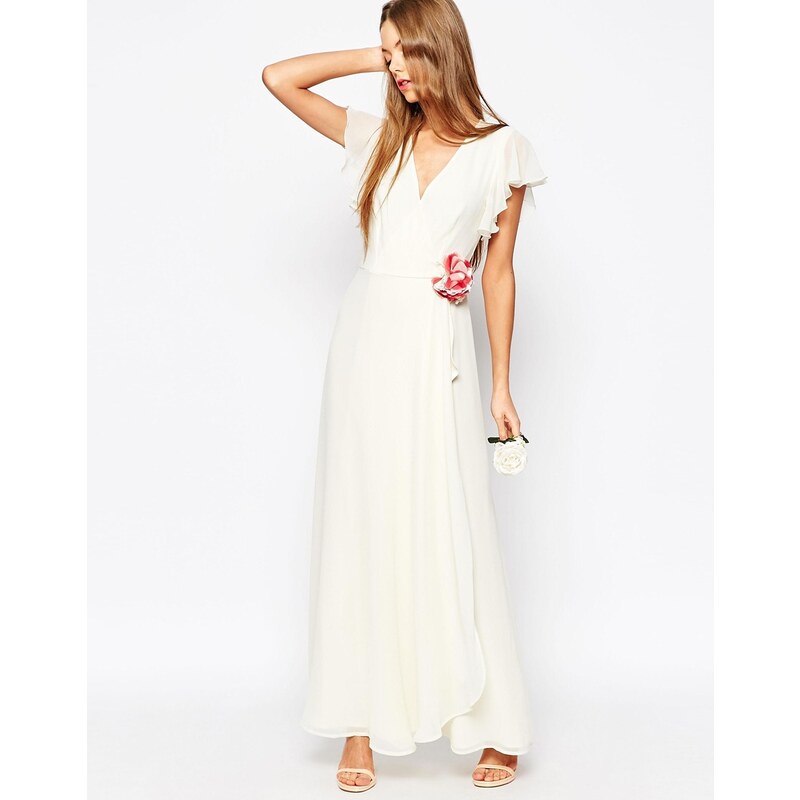 ASOS - WEDDING - Robe longue drapée avec fleur en tissu - Blanc