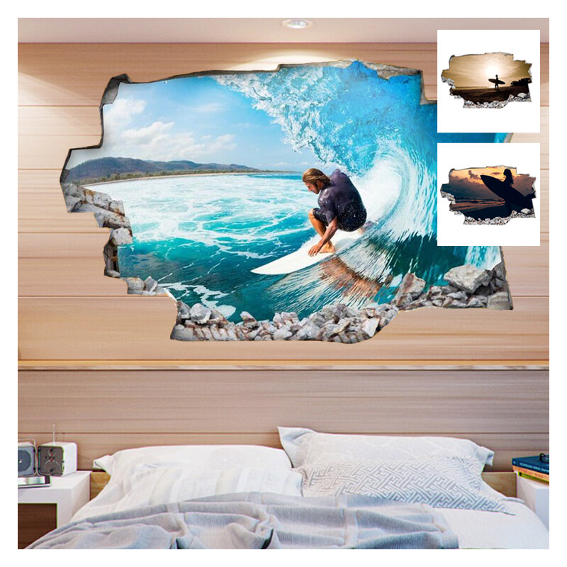 Lesara Autocollant mural 3D en vinyle motif surfer