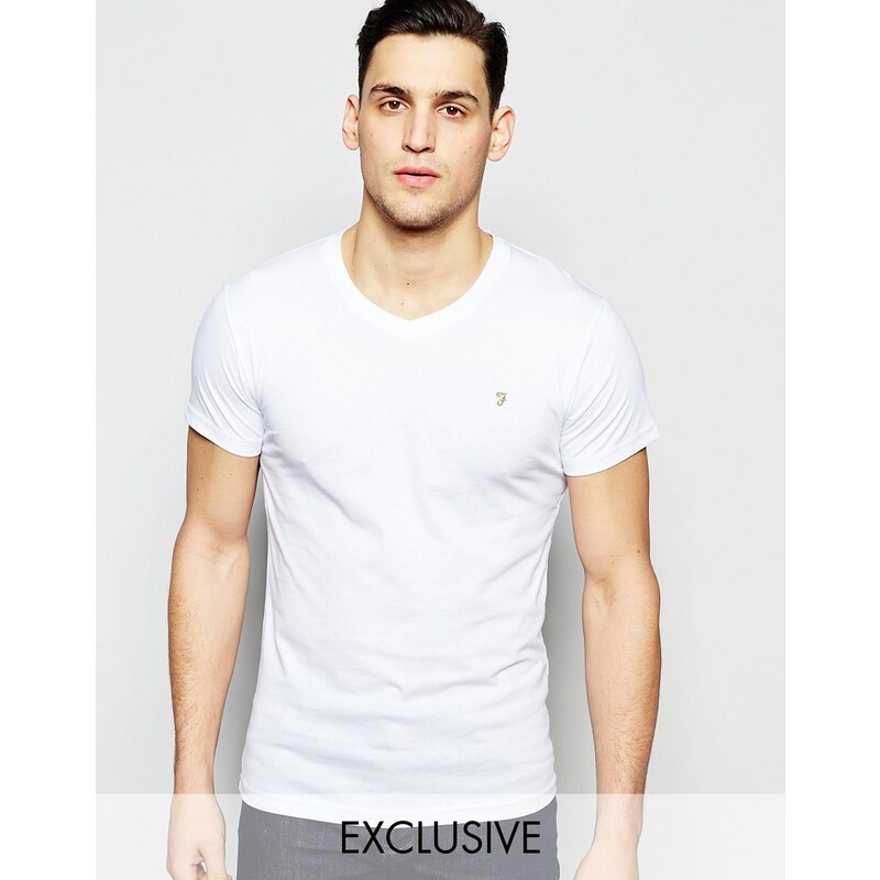 Farah - T-shirt cintré à col V et logo F exclusivité ASOS - Blanc