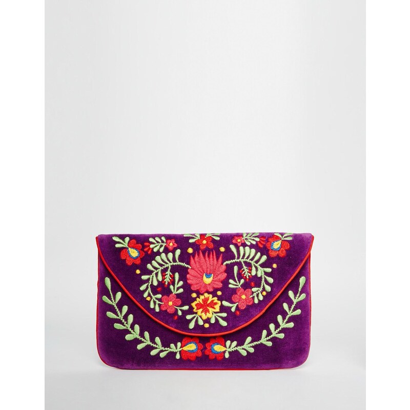 Moyna - Pochette style enveloppe en velours ornée de broderies - Violet