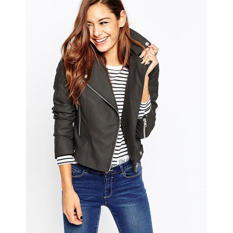 ASOS Ultimate Leather Look Biker Jacket with Piped Detail - Gris