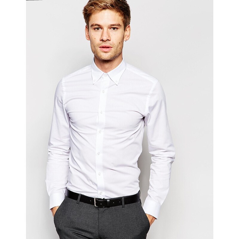 Selected Homme - Chemise stretch coupe skinny avec col boutonné - Blanc