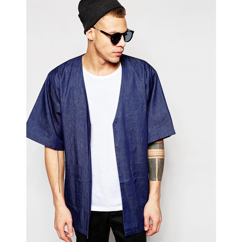 ASOS - Veste kimono oversize en jean sans col - Bleu - Noir