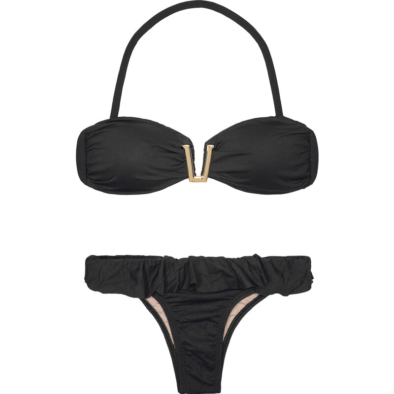 New Beach Bikini Bandeau Noir Bijou Doré, Bas Fixe à Volant - Fivela Black